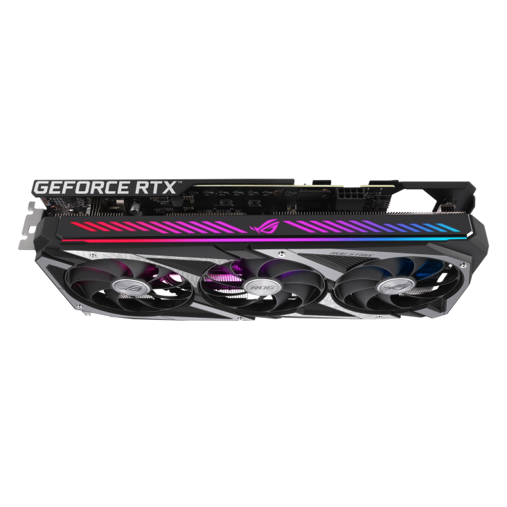 ROG-STRIX-RTX3060-O12G-GAMING graphics card, top view, highlighting the ARGB element