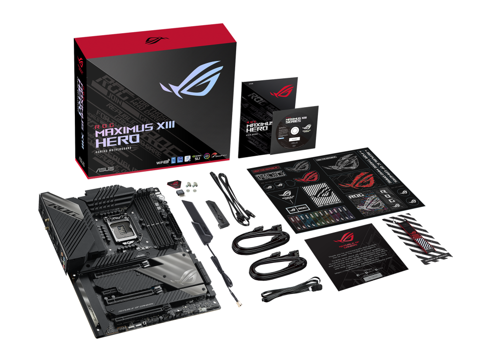 ROG MAXIMUS XIII HERO top view with what’s inside the box