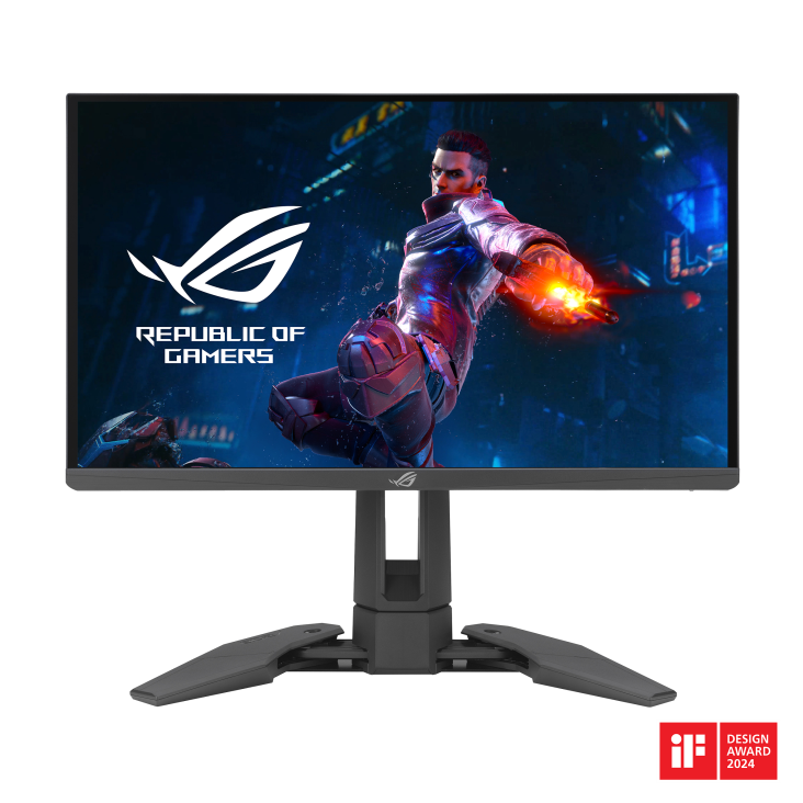 The ROG Swift Pro PG248QP monitor front image with IF design award 2024 logo.