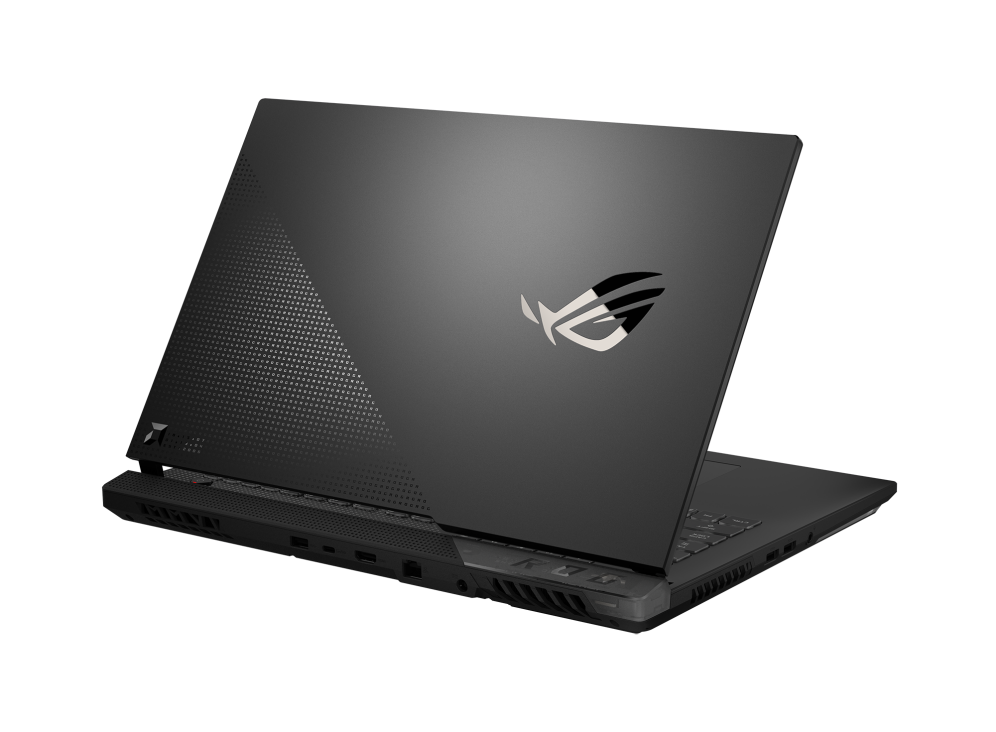 Off center rear view of the ROG Strix G17 Advantage Edition, with the lid half open.