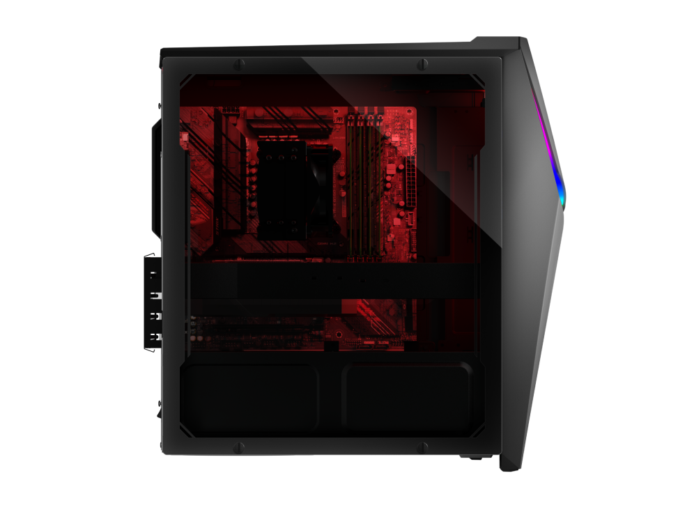 Side view of G10CE, with the motherboard and internals illuminated with red RGB lighting.