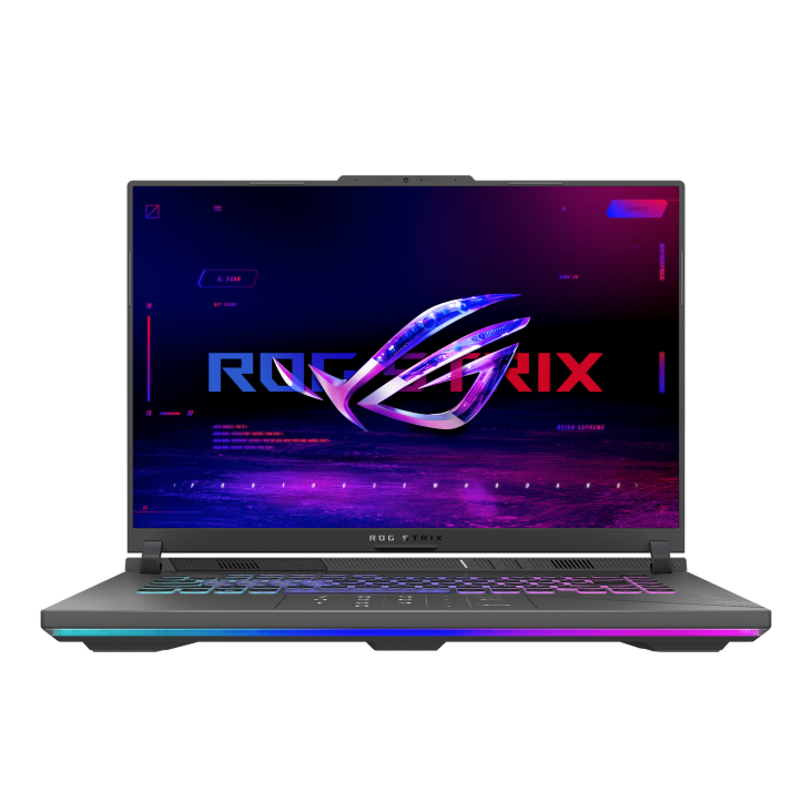 Front view of the Strix G16, with the ROG Fearless Eye logo visible on screen and the keyboard visible