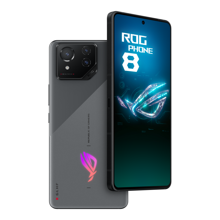 ROG Phone 8 in Rebel Grey angled view from front and the other ROG Phone 8 in Rebel Grey angled view from back, tilting at 45 degrees