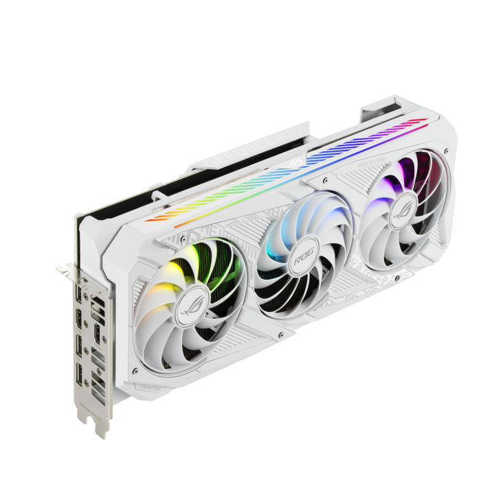 ROG-STRIX-RTX3070-O8G-WHITE graphics card, angled top down view, highlighting the fans, ARGB element, and I/O ports