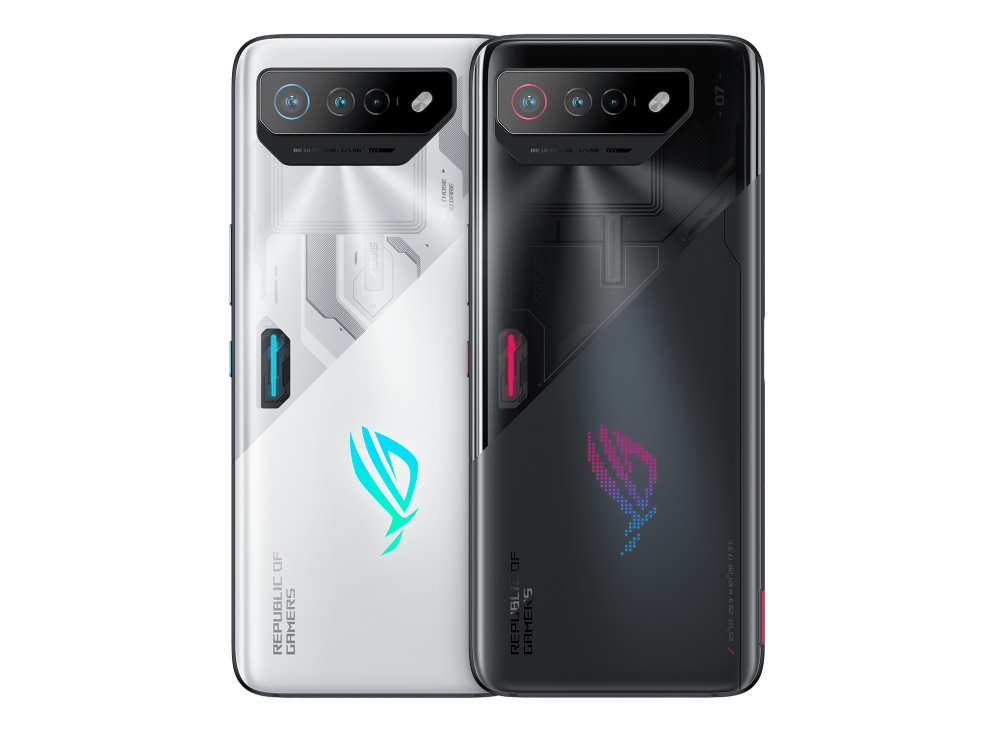 Two ROG Phone 7 in both Phantom Black and Storm White angled view from back slantingly