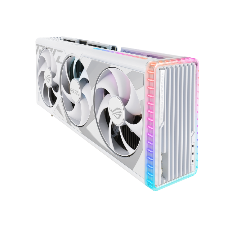 Angled top down view of the ROG Strix GeForce RTX 4080 SUPER white edition graphics card highlighting the fans, ARGB element2