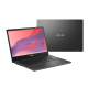 An angled front view of an ASUS Chromebook CM14, superimposed on an overhead view of an ASUS Chromebook CM14 showing its gravity grey lid