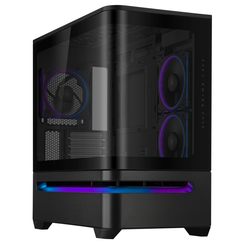 ASUS Prime AP202 ARGB Black hero shot showing the front and left side with ARGB lighting bar  
