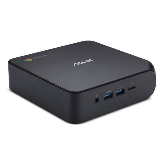 Um ASUS Chromebox 4 é mostrado num ligeiro ângulo, num fundo branco.