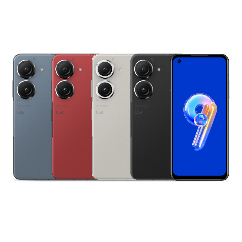 Five Zenfone 9 show the different colors and one shows the front