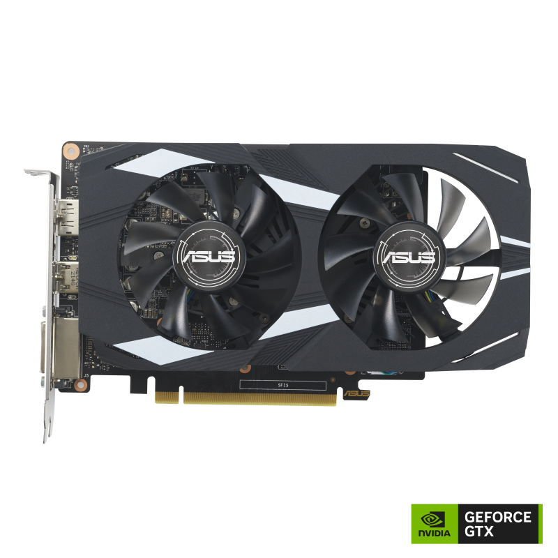 Front view of the ASUS Dual GeForce GTX 1650 OC Edition 4GB EVO graphics card with NVIDIA logo