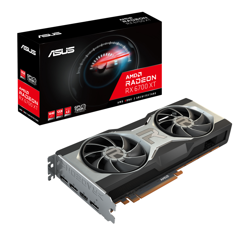 ASUS AMD Radeon RX 6700 XT packaging and graphics card with AMD logo