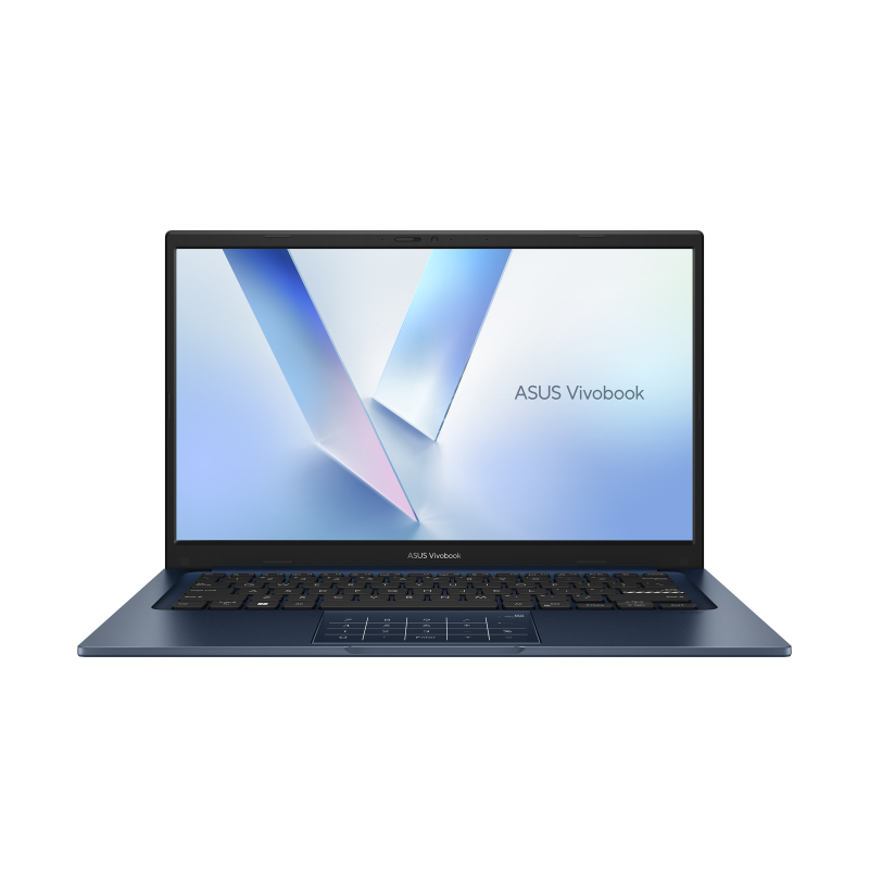 ASUS Vivobook 14 opened from the front view with JS wallpaper.