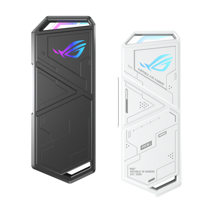 ROG Strix Arion black and white front view in row, with AURA lighting