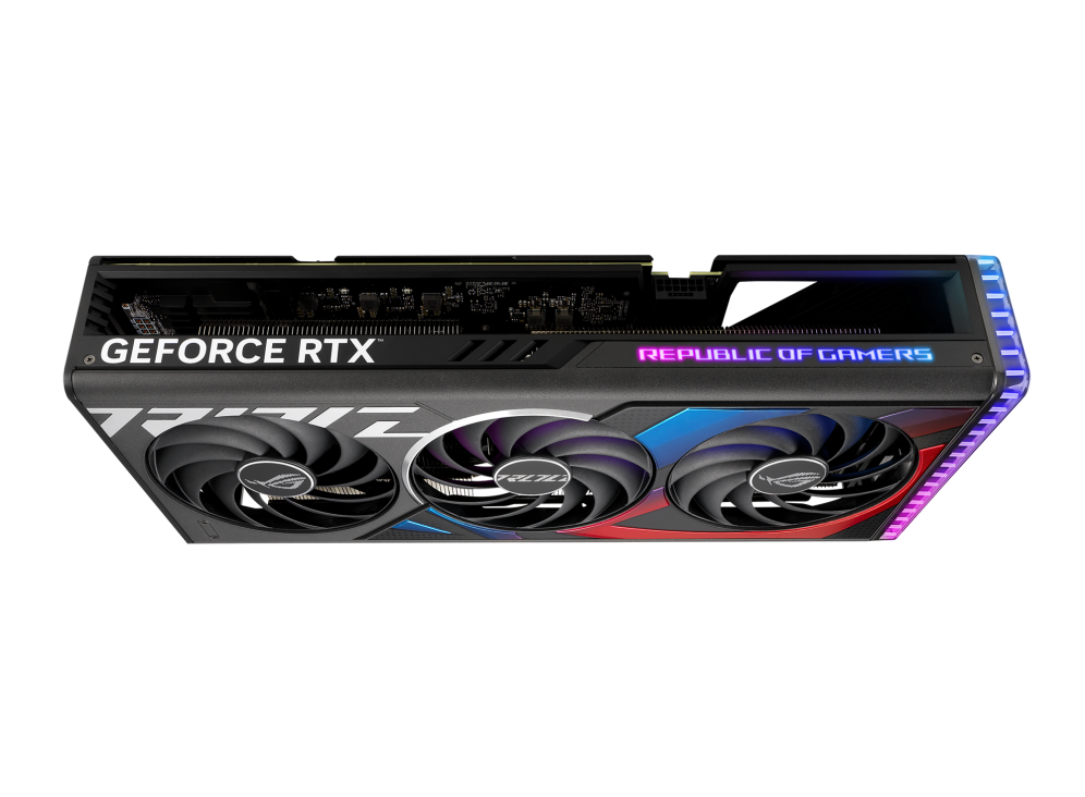 ROG Strix GeForce RTX 4070TI, angled top view, showing off the ARGB element