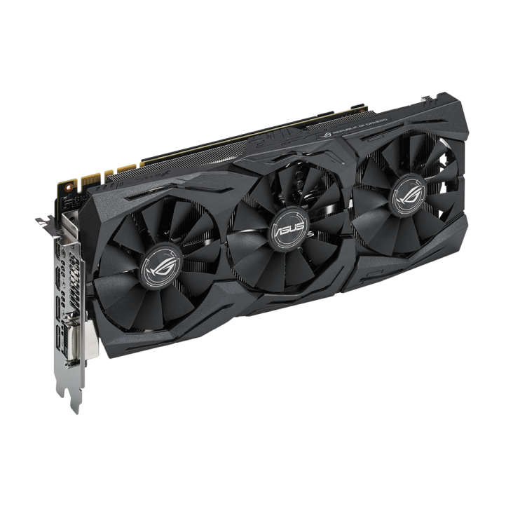 ROG-STRIX-GTX1080-O8G-GAMING graphics card, angled top down view, highlighting the fans, ARGB element, and I/O ports