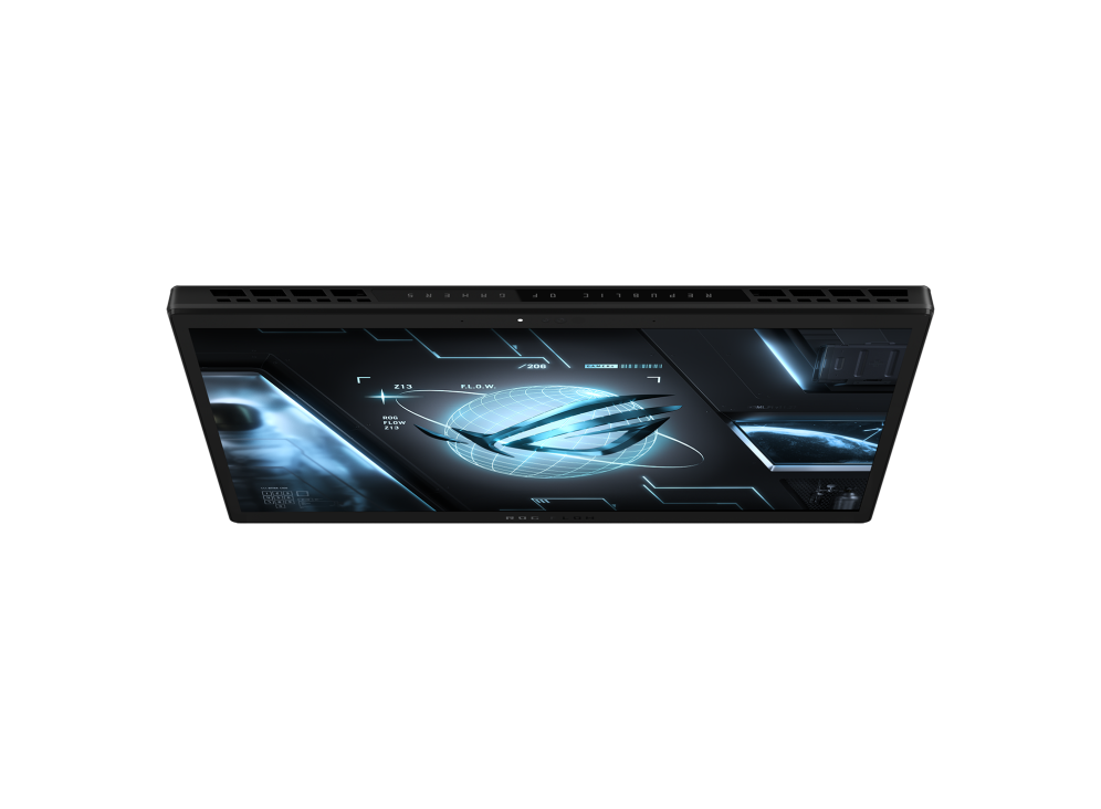Top down shot of the Flow Z13 screen with the ROG Fearless Eye logo on screen