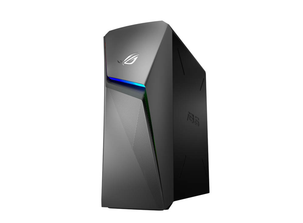 Off center front view of the G10DK, with RGB lighting visible on front and ASUS logo on the metal side panel.