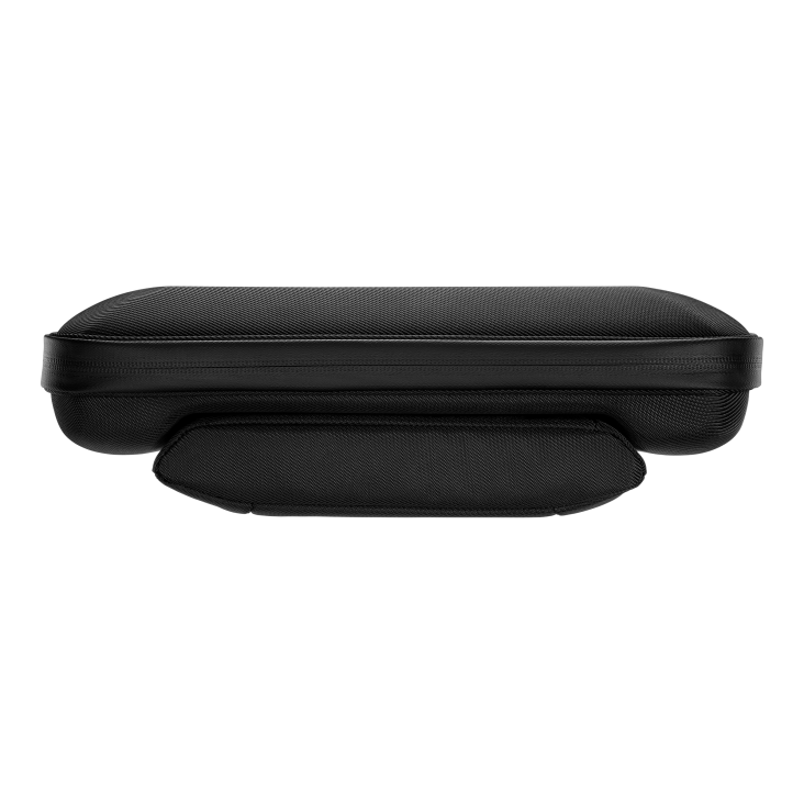 A side view of a black hard-shell carrying case