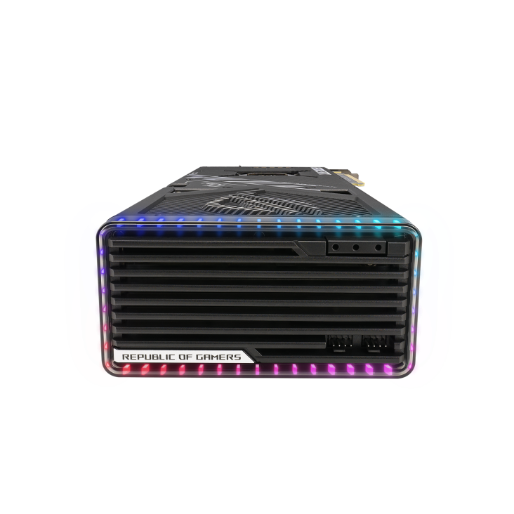 Side-view-of-the-ROG-Strix-GeForce-RTX-4080-SUPER-graphics-card-highlighting-the-ARGB-element