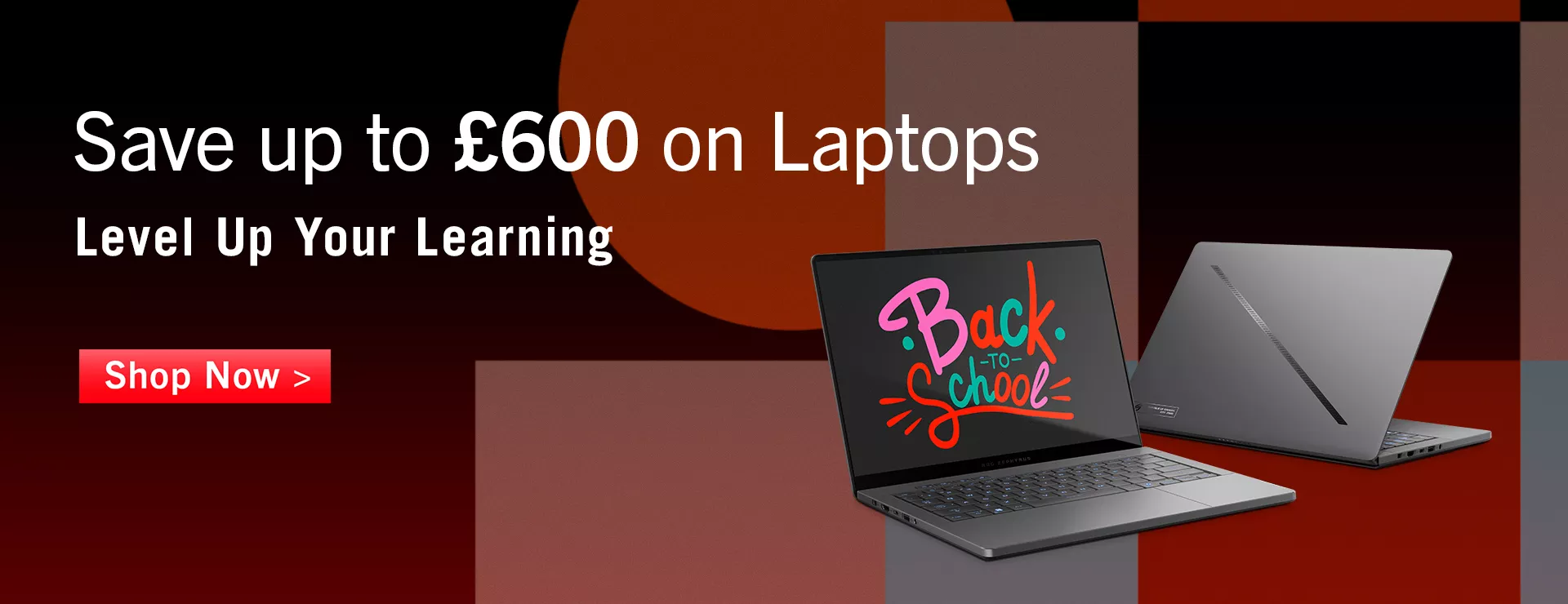 2 grey laptops against red and brown coloured geometric shapes