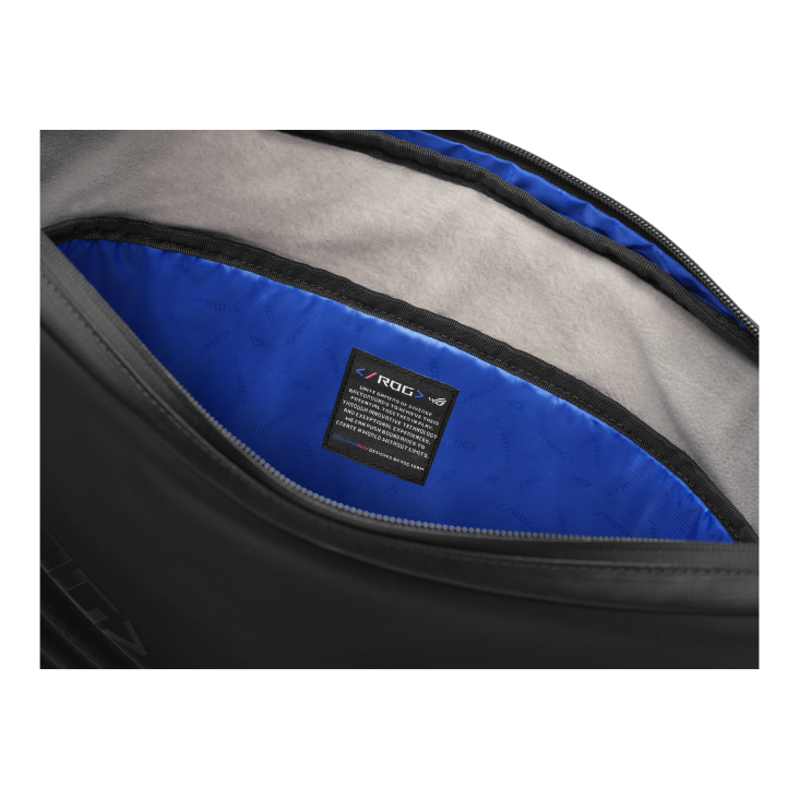 open black bag with blue interior