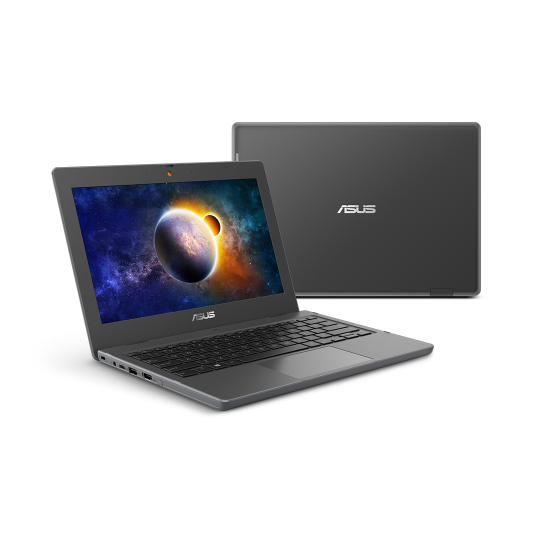 Two ASUS BR-series laptops are placed on a flat surface. The one in the foreground is shown is shown open, with a planetary scene on its displaywhile. The one in the backgroun is closed, showing its dark grey cover.