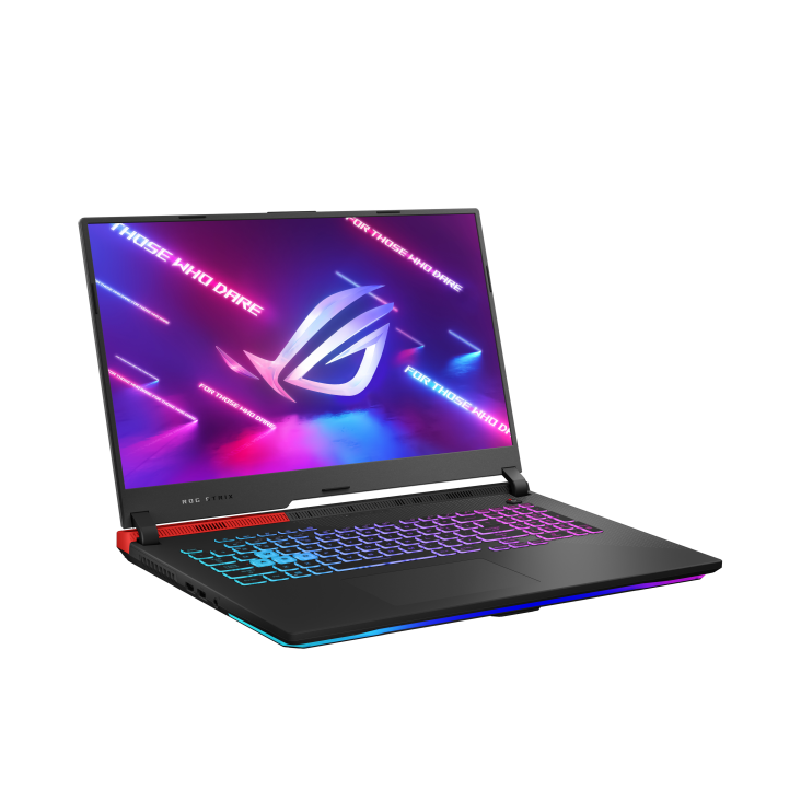 Off center front view of the Original Black ROG Strix G17, with the ROG logo on screen and keyboard illuminated.