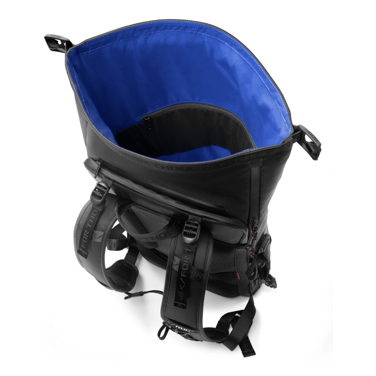 Black backpack with blue interior, open to show inside compartments