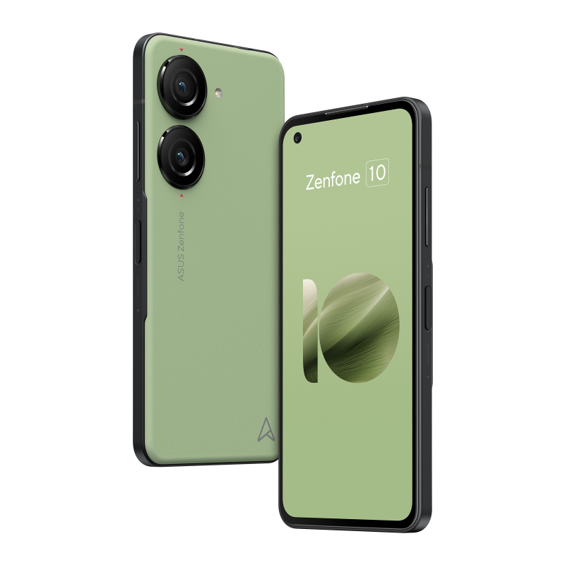 Zenfone 10 Aurora Green with one photo showing the back cover and another showing the screen side