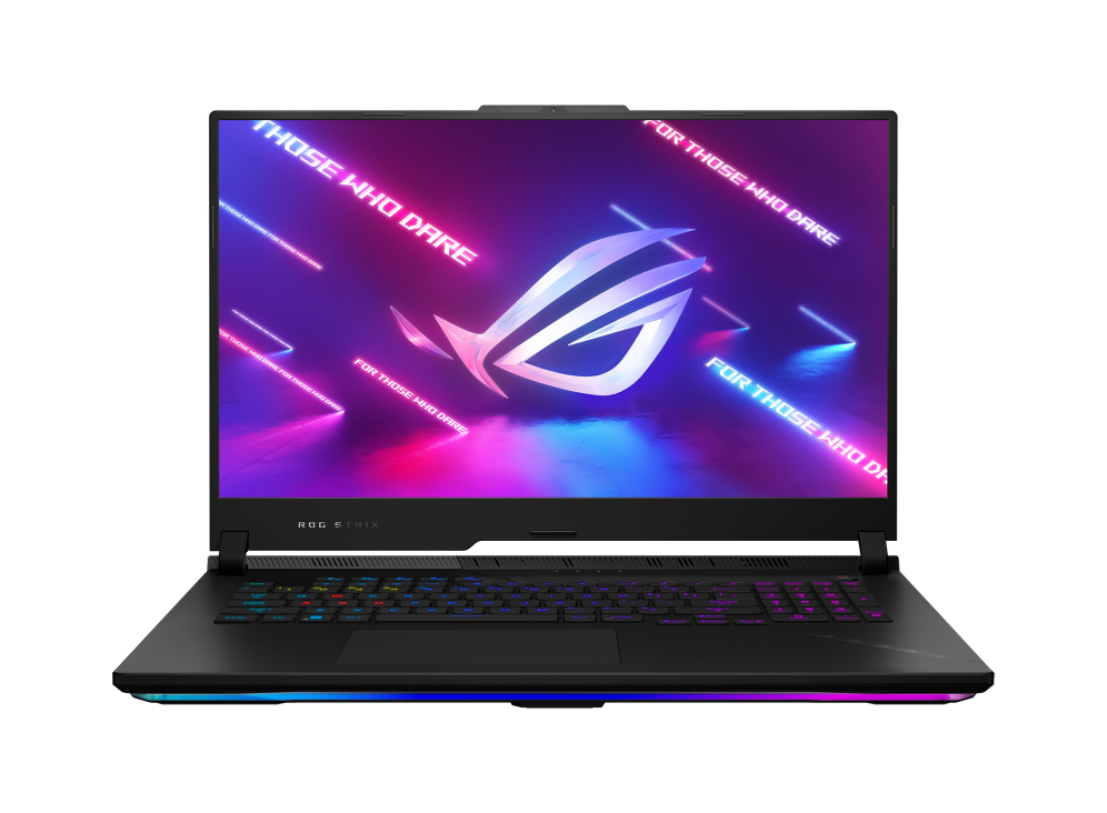 Front shot of the Strix SCAR 17 with the ROG Fearless Eye logo on screen and per-key keyboard visible