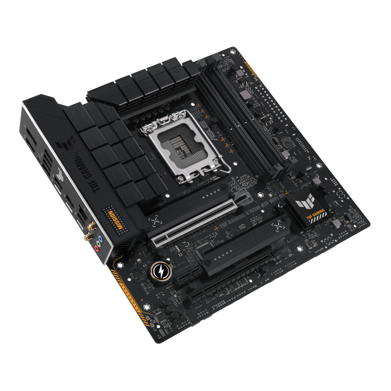 TUF GAMING B760M-BTF WIFI D4 front view, tilted 45 degrees