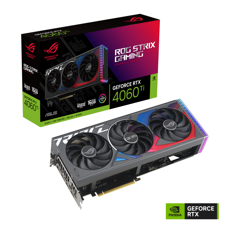 ROG STRIX GeForce RTX 4060 Ti 16GB Advanced Edition packaging and graphics card with NVidia logo