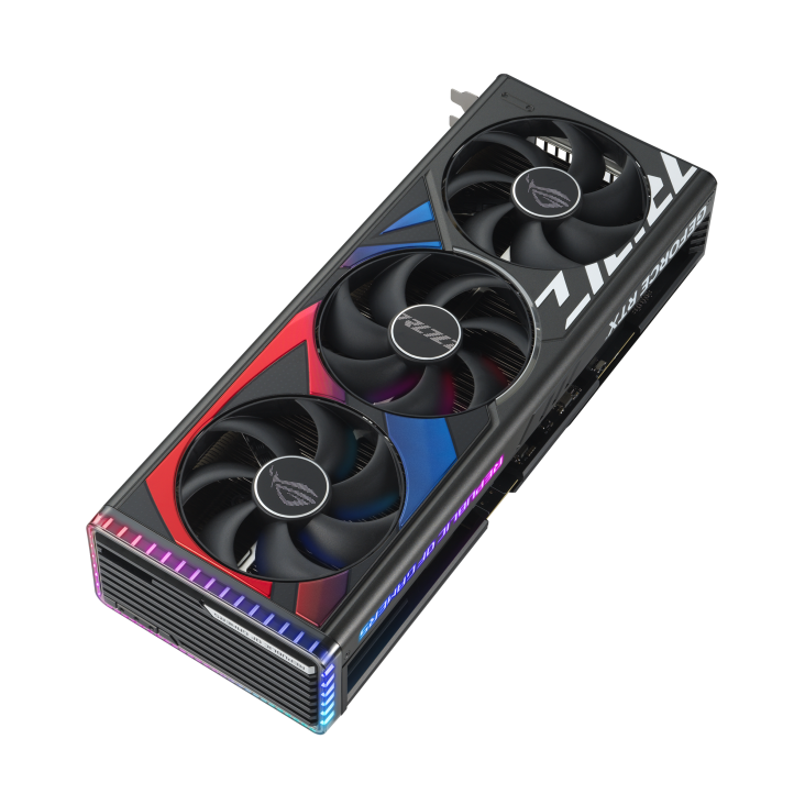 ROG Strix GeForce RTX 4090 BTF graphics card highlighting the axial-tech fans and ARGB element