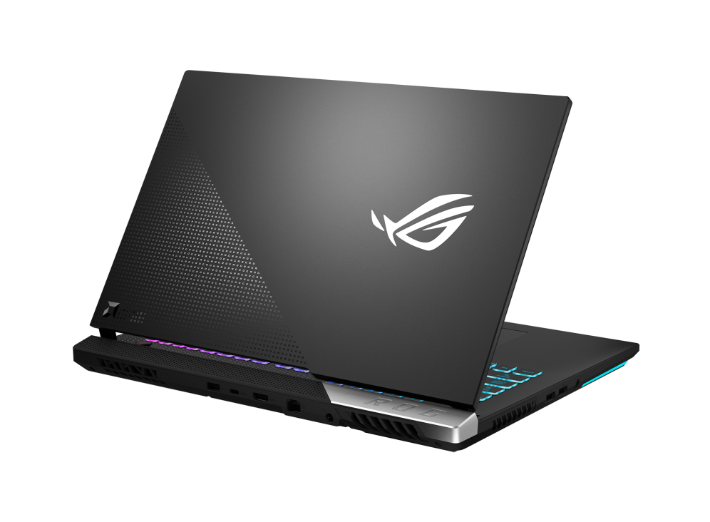 Off center rear view of the ROG Strix G17 Advantage Edition, with the lid half open.
