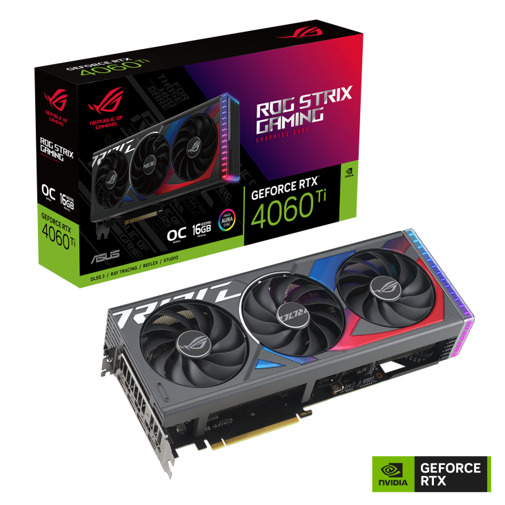 ROG STRIX GeForce RTX 4060 Ti 16GB OC Edition packaging and graphics card with NVidia logo