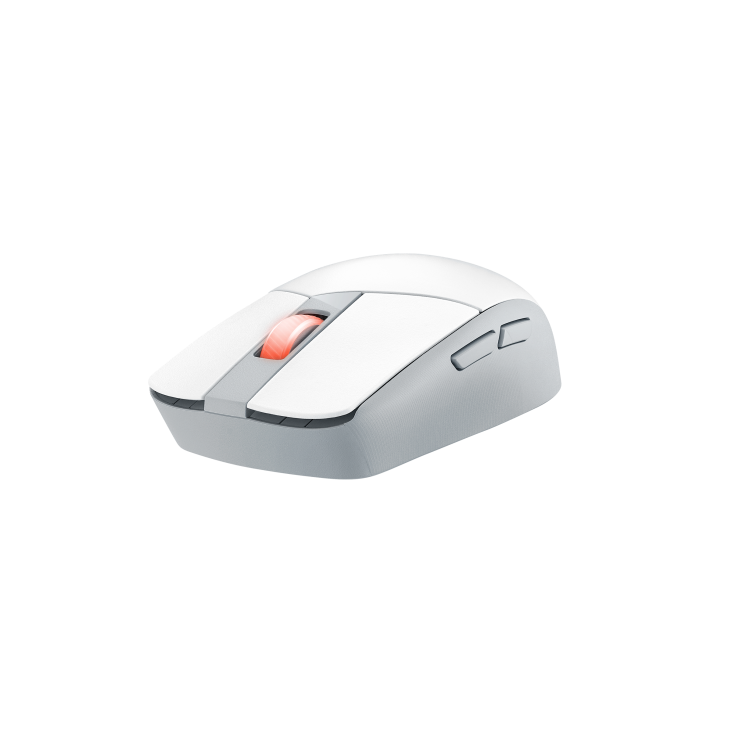 An angled frontal view of the ROG Strix Impact III Wireless in moonlight white, showing its side buttons