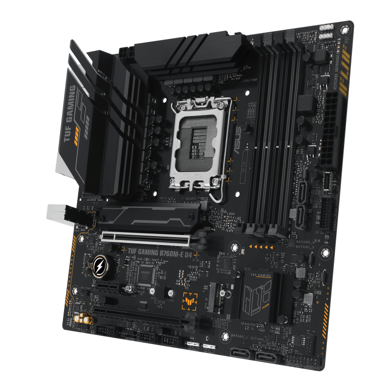 TUF GAMING B760M-E D4 front view, 45 degrees