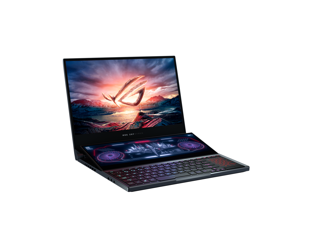 Off center front view of the ROG Zephyrus Duo 15 with the ROG logo on screen.