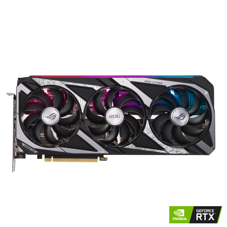ROG Strix GeForce RTX™ 3050 OC Edition graphics card, front view with NVIDIA logo