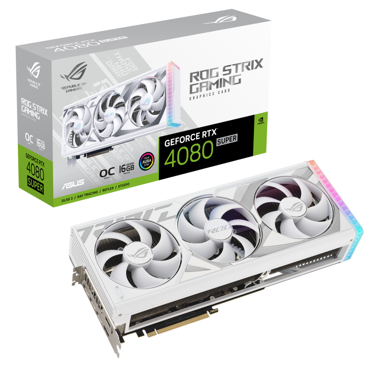 ROG Strix GeForce RTX 4080 SUPER White OC edition packaging and graphics card