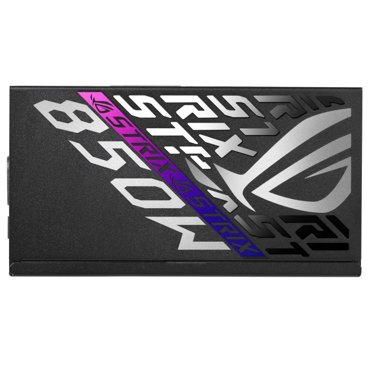Right side of ROG Strix 850W Platinum with purple customized sticker attached