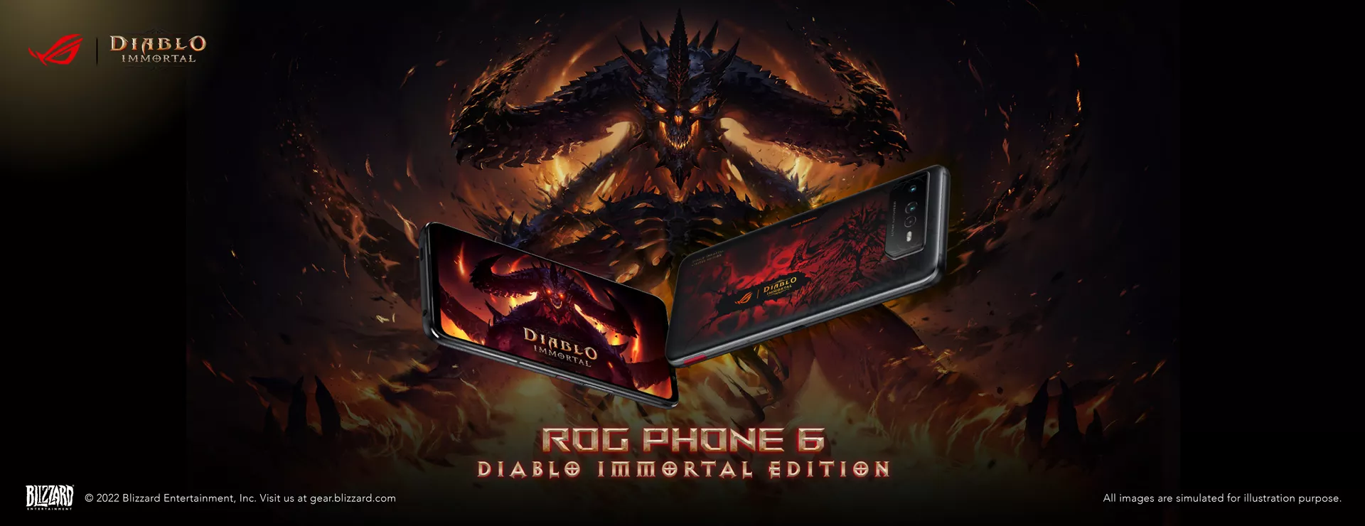 Two ROG Phone 6 Diablo Edition floating in the middle and showing the front and back sides of the phone, in front of the key visual with the Diablo character standing in burning flame.
