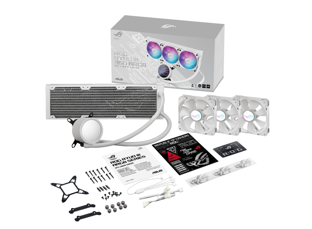 ROG RYUO III 360 ARGB WHITE EDITION front view with what’s in the box