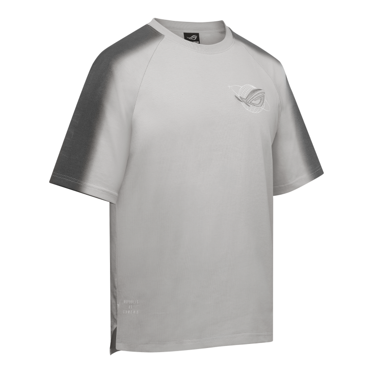Front 45-degree angle view of ROG Ombre T-shirt in grey