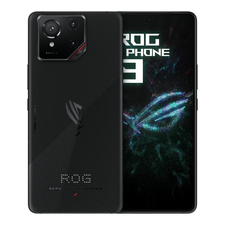 Two ROG Phone 9 Phantom Black angled view from both front and back.