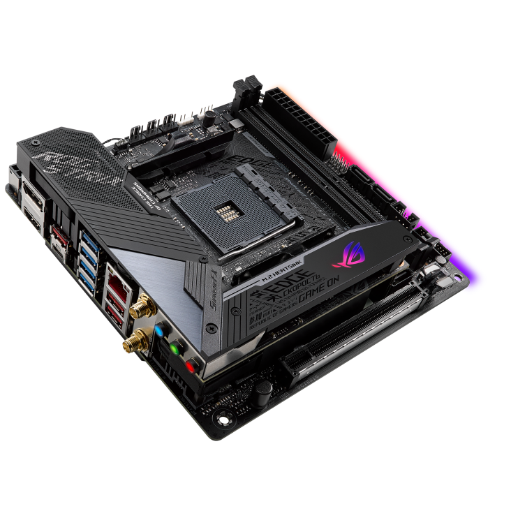 ROG Strix X570-I Gaming top and angled view from left