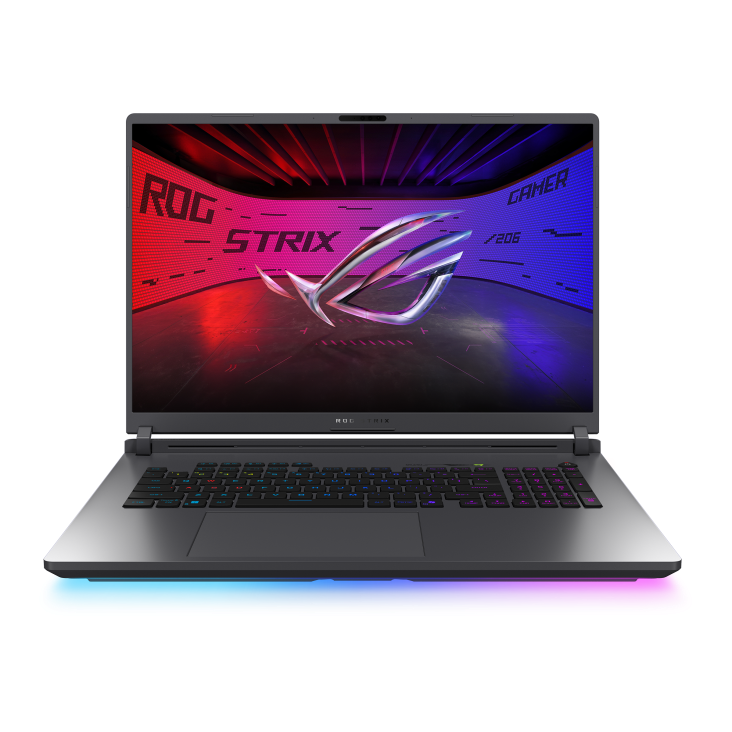 Shot of the Strix G18 with the with the lid open, with the ROG Fearless Eye logo on screen