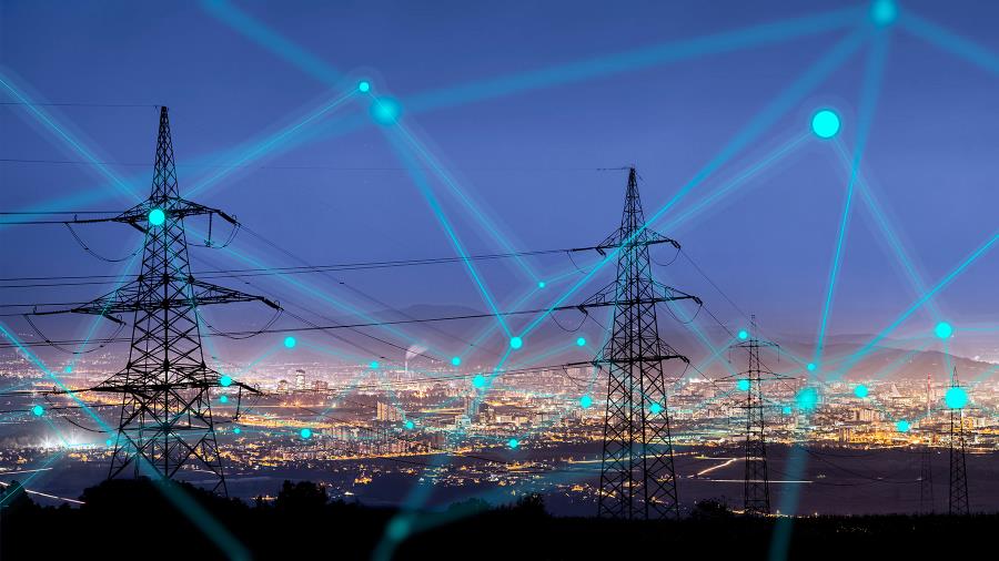 Smart city night view with power tower and connectivity beams