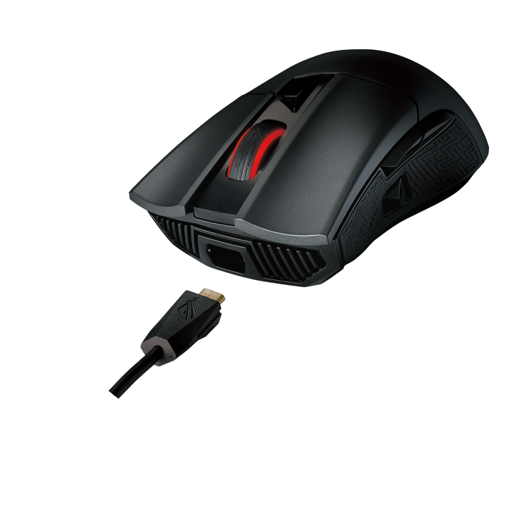ROG Gladius II angled view from the front with USB Type-C Cord